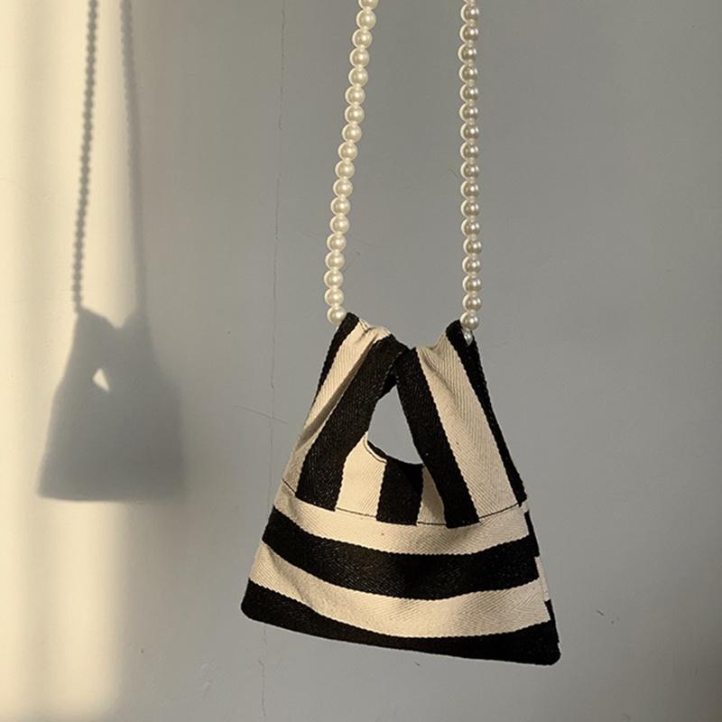 IELGY Beaded Pearl Stripe Canvas Bag All-match Cute