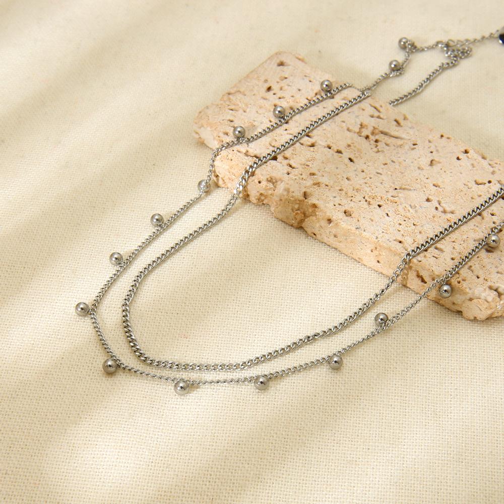 European and American Retro Fashion Double-layer Round Bead Doudou Necklace Plated with 18K Gold Stainless Steel Stacked Chain Cuban Chain