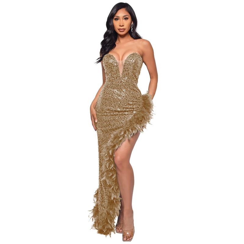 Women's Dress Long Haute Couture Strapless Backless Sequin Dress Feather Patchwork Gown