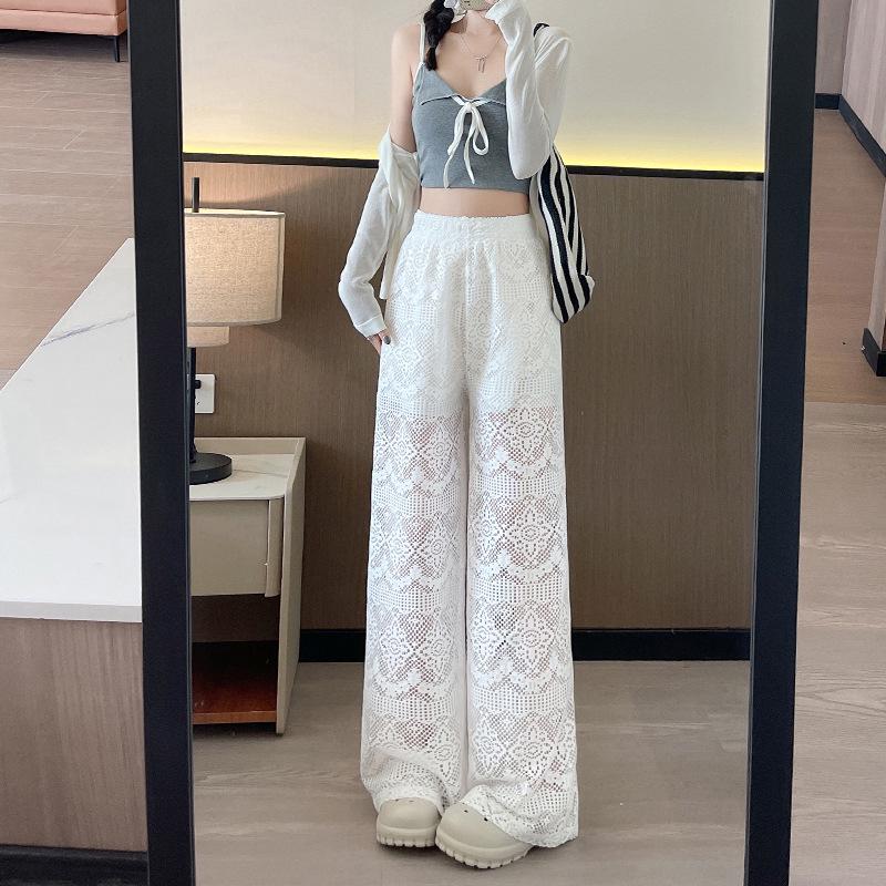 

2025 Women s High-Waist White Lace Wide-Leg Pants - Floor-Length, Slimming Drape for Summer L білий