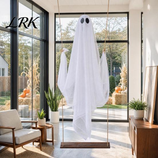 Glowing Ghost Ornament Halloween Decoration, Large Hanging Swing with LED String Lights, Multi-color Battery Powered Figure for Outdoor Indoor