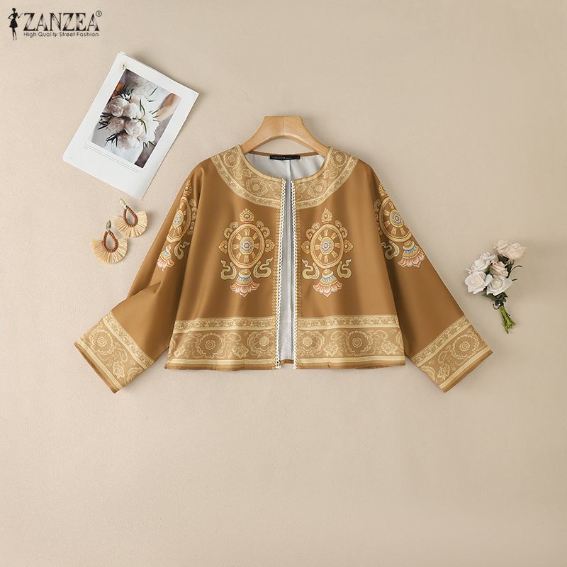 ZANZEA Women Ethnic Print Casual Open-front 3/4 Sleeve Loose Cardigan Blouse