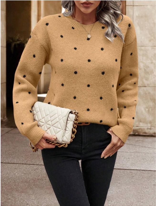 European & American Women's Polka Dot Round Neck Long Sleeve Sweater