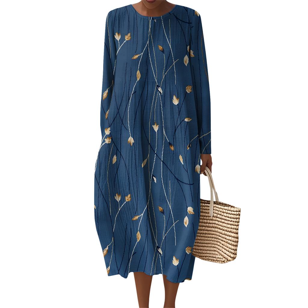 Women's Fashionable Casual Long-Sleeved Round Neck Floral Print Zipper Dress