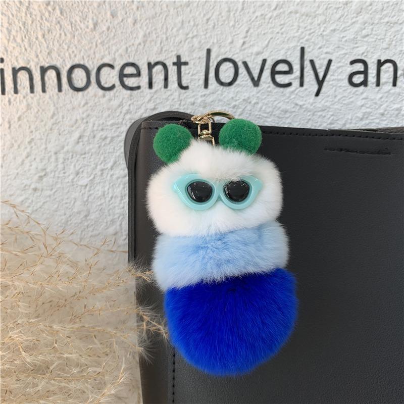 Bag Charm Cute Colorful Plush Caterpillars With Sunglasses Soft Rabbit Fur Animal Pompom Pendant With For Women