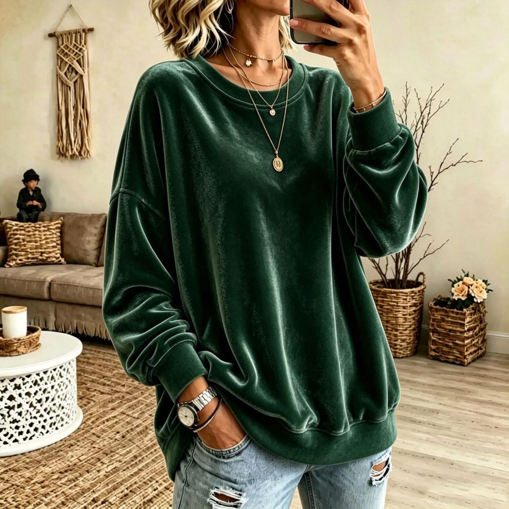 Women S Long Sleeve Solid Color Casual Crew Neck Velour Sweatshirt