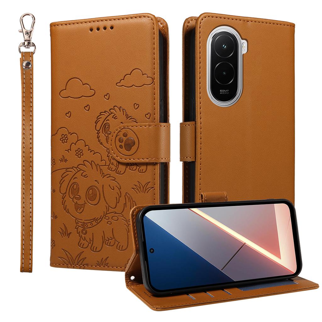 For Xiaomi Poco M7 4G (169mm) Case RFID Blocking Imprinted Dog Pattern PU Leather Phone Cover with Wrist Strap