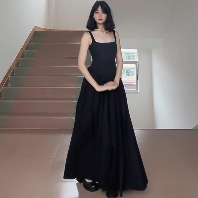 

Корейское платье-сарафан с квадратным вырезом для женщин на лето, новый стиль, облегающее талию, А-силуэт, длинная юбка, нежная маленькая пышная юбка L чёрный