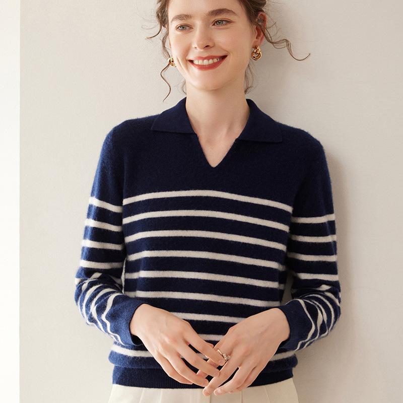 Women's Cashmere Knit Long Sleeve POLO Collar Top, Striped, Fashionable, Versatile, Soft, and Skin-Friendly