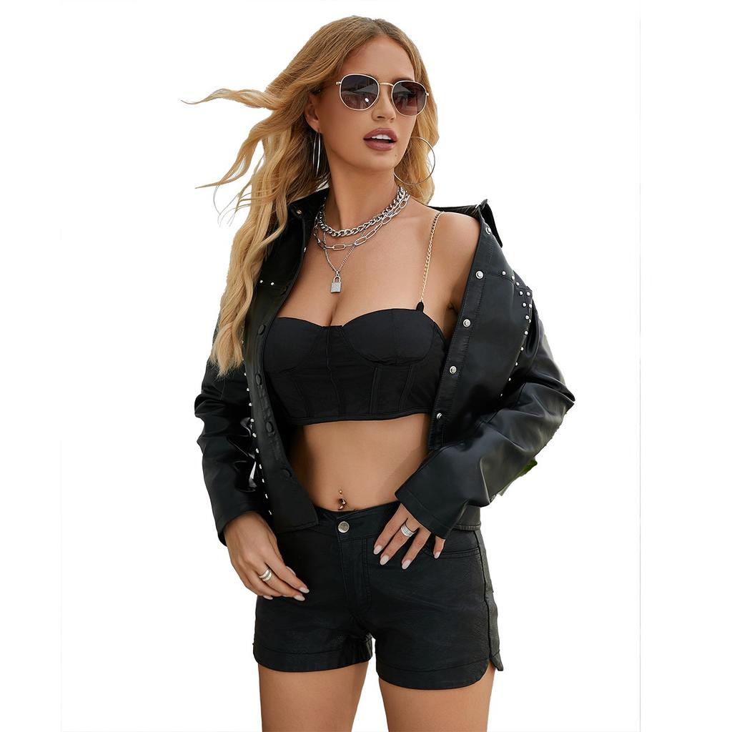 2024 Spring and Autumn New Rivet Leather Jacket Cardigan Button Leather Jacket European and American Fashion Thin Jacket Cross-border Women's Clothing