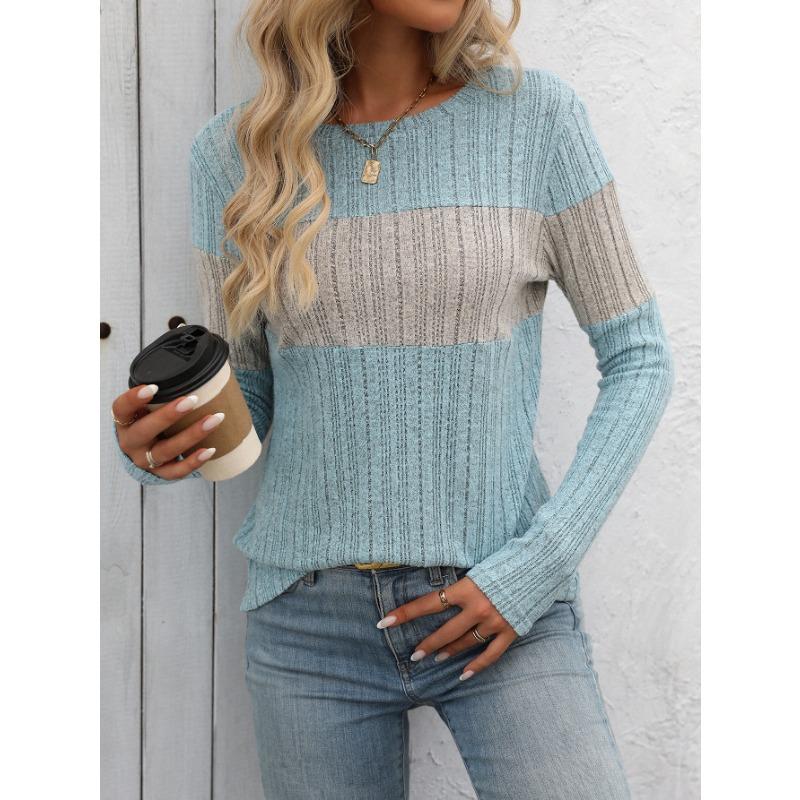 Spring and Autumn Women's Casual Colour Block Pit Stripe Long Sleeve Top