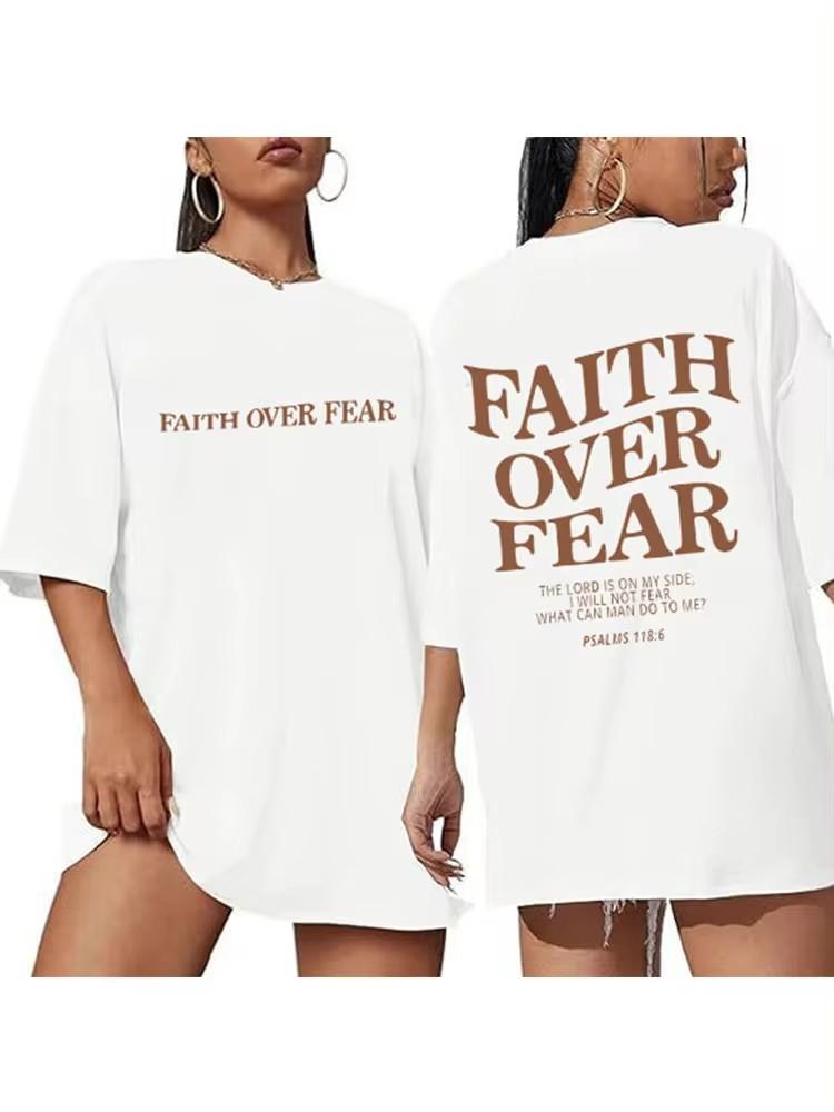 

Футболка FAITH OVER FEAR W za dużym rozmiarze chrześcijańskiej luźnej koszulki damskiej modnej, bawełnianej bluzki estetycznej S белый