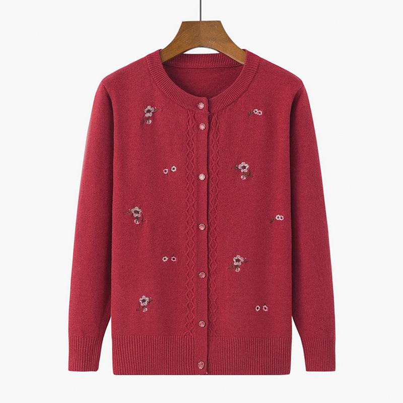Autumn Sweaters Winter Knitted Clothes Women Printed Middle Aged Mother Embroidered Long Sleeve Tops Button Sweater