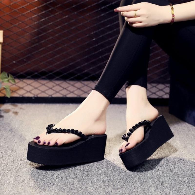 Platform Shoes for Women Flip Flops Slides On Beach Pearl Heeled Woman Slippers Slip-resistant Top Designs Sandals Korea Style