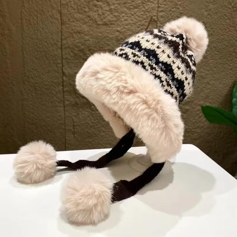 Retro Autumn and Winter Thickened for Keep Warmth Lei Feng Hat Women Fluffy Fur Ball Ear Protection Knitted Mao Line Hat