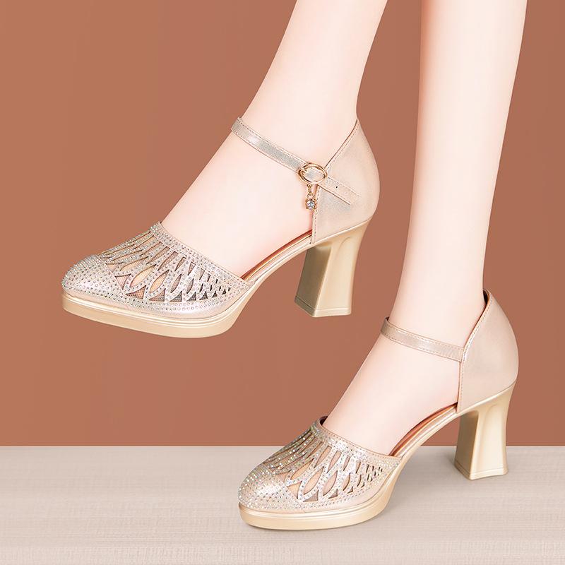 Women Closed Toe Sandals Women's Hollow Rhinestone 5CM/7CM Chunky Heel Shoes Hollow Mesh Mom High-heeled Shoes