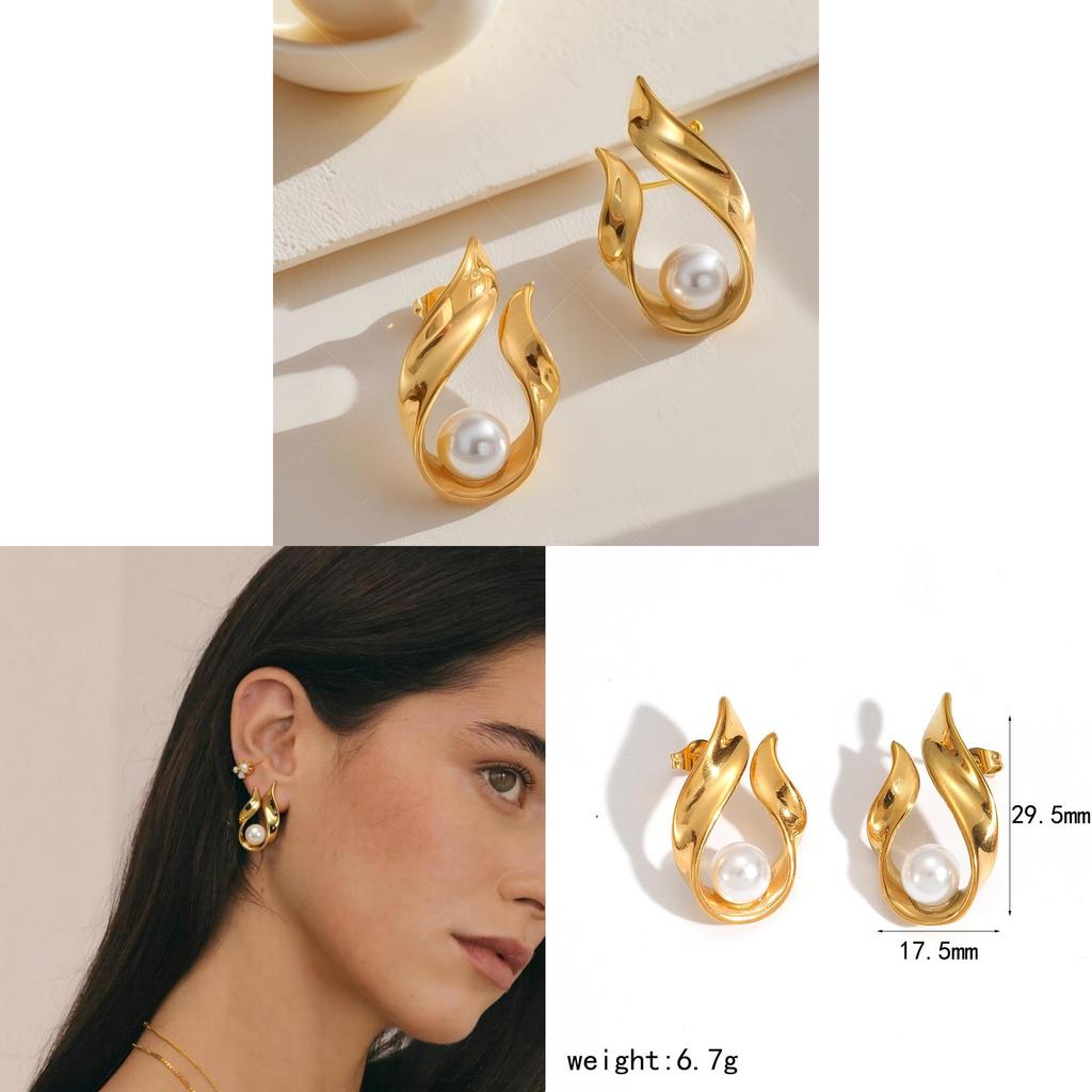 French Vintage Pearl Stud Earrings With U-shape Stainless Steel For Casual Women