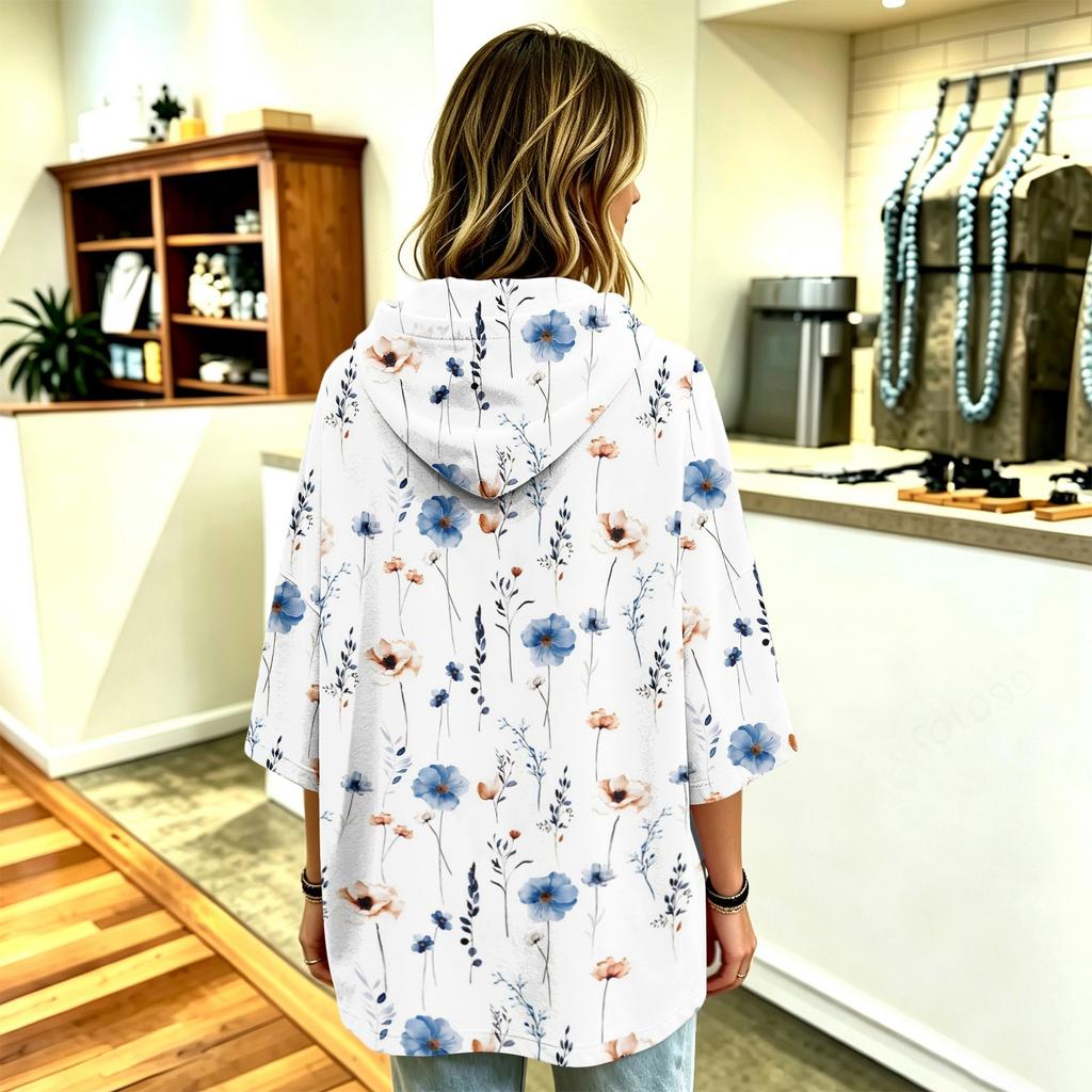 Women's Vintage Floral Print Hooded Pullover Top with Three-Quarter Sleeves for Casual Daily Wear