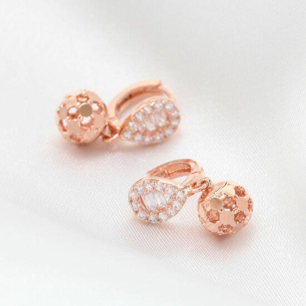 [] 14K Gold Needle Benny Ball Drop Rose Gold One-Touch Ring Earrings