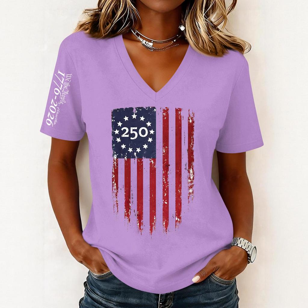 Women’s Casual V Neck Short Sleeve Pullover Top with 250th Anniversary Printed Graphic Lightweight Loose Fit T Shirt