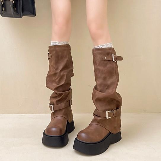 Fashion retro round head thick-soled high tube fashion boots women's 2025 autumn and winter new outer wear solid color with coat trousers boots