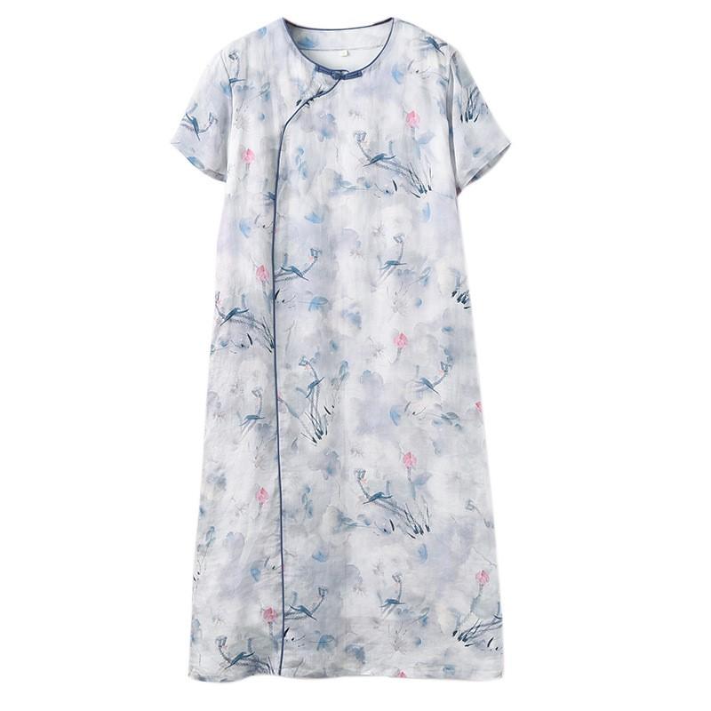 Johnature Damen Kleider im chinesischen Stil mit Blumenmuster, O-Ausschnitt, kurze Ärmel, hochwertiges Sommerkleid in A-Linie