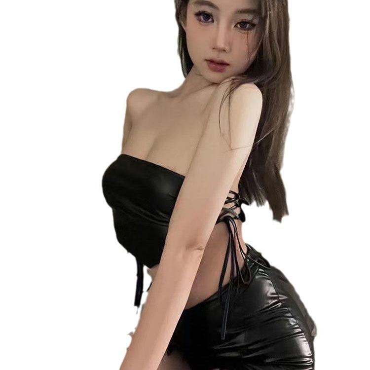 Sex underwear hollow leather straps sexy nightclub stage pure desire tube top