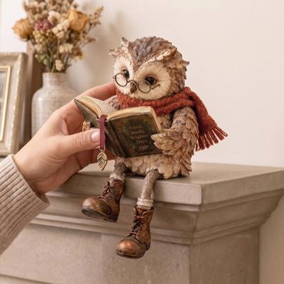 Kreatives Schreibtischornament für Leser Lesende Eulenfigur, Statue mit Brille Schal Stiefeln Und Offenem Buch, Tierornamente Skulptur im Bauernhausstil