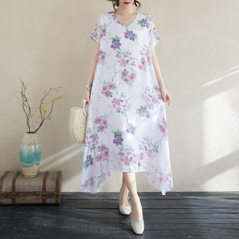 DIMANAF 2025 Summer Women Plus Size Dress Vintage Long Dress Basic Floral Printing Casual Loose Linen Maxi