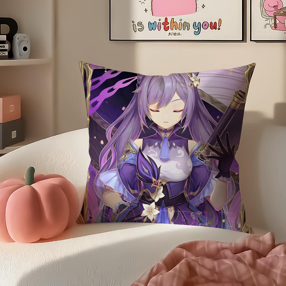 Game Genshin Keqing Cushion Cover Pillowcase Short Plush Invisible zipper Room Sofa Cushion Cover