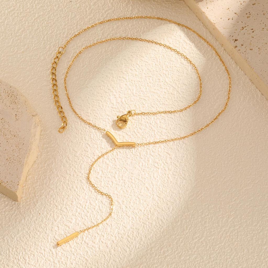 Jewelry, Stainless Steel Flat Cross Chain Y Necklace Collarbone Chain 18K Gold Plated Nc-2033