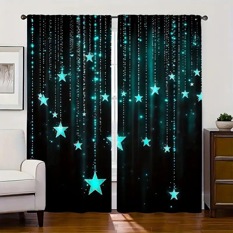 Set Of 2 Blue Tassel Stars Print Curtains Suitable Bedroom Living Room Kitchen Decoration Home Window Curtain For Sitting Made Polyester