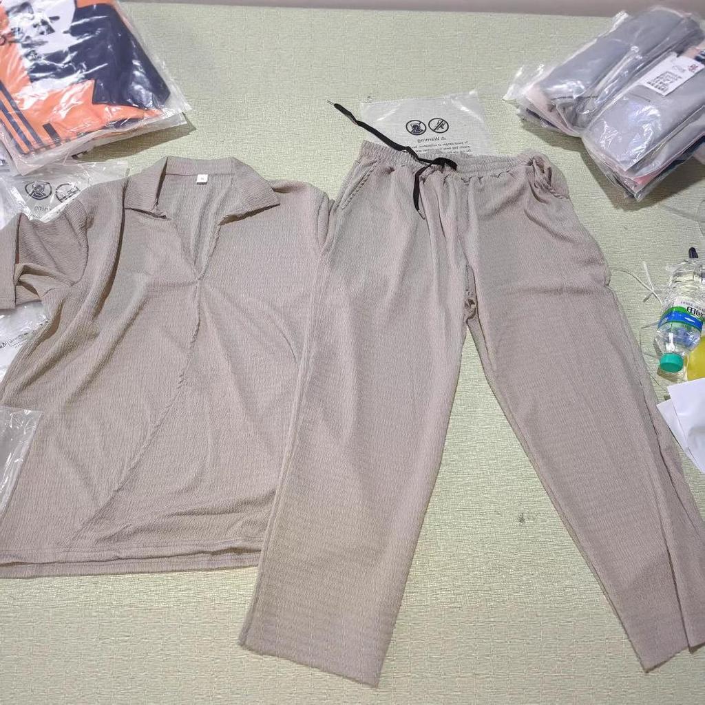 2025 Spring Men's Solid Color Casual Two-Piece Set: Short Sleeve Shirt & Long Pants