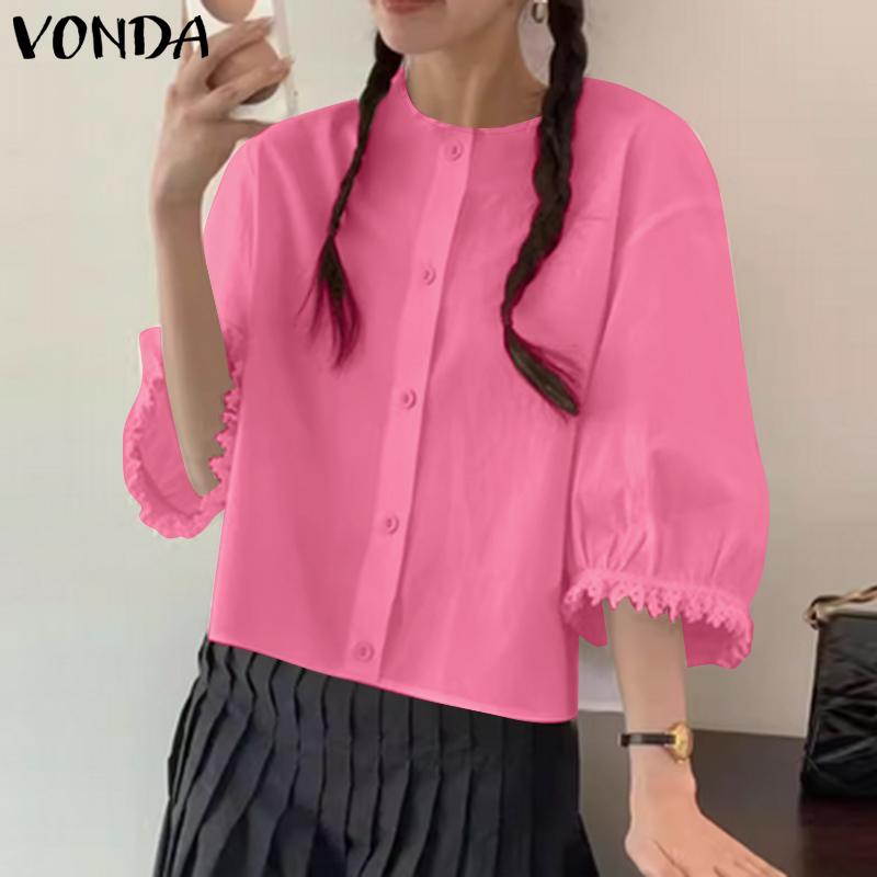 VONDA Damen Sommer Rundhals Spitze Kurzarm Einfarbig Blusen