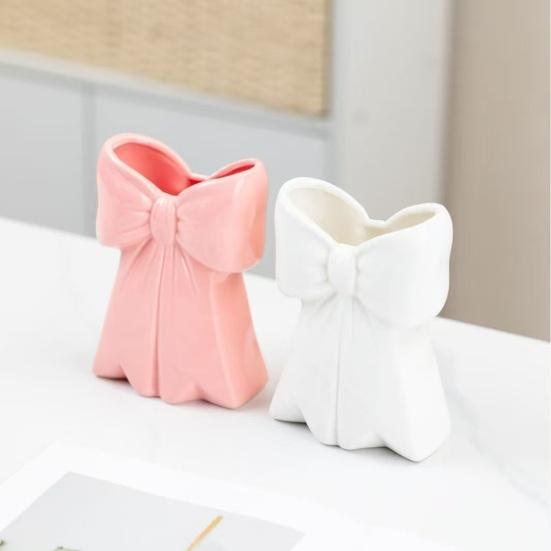 Pink White Bow Vase Decorative Bow-Shaped Vase Desktop Resin Pen Holder Makeup Brush Organizer for Home Office Bathroom Desk Decor