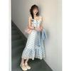 Gentle Wind Waist and Thin Doll Collar Floral Dress with Blue Shawl Cardigan Two-piece Suit for Women