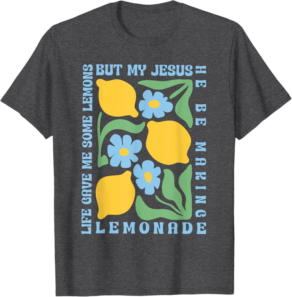 Jesus Making Lemonade Graphic Tee Religious Faith Christian Humor Short Sleeve T-Shirt Casual Tops