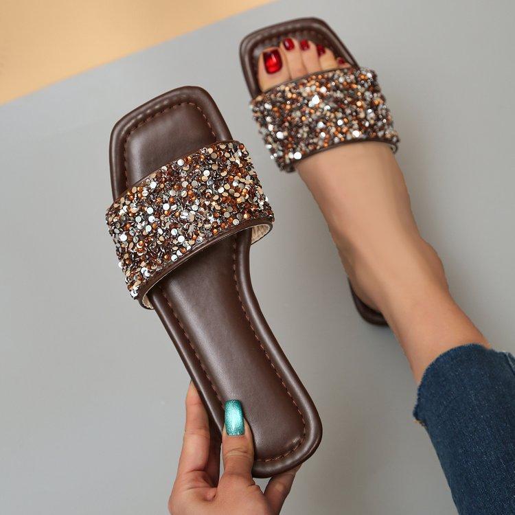 Europa, Amerika 2025 Sommer neue Glitzer Pailletten flacher Boden weicher Boden bequeme lässige Damen Hausschuhe Außenhandel große Größe