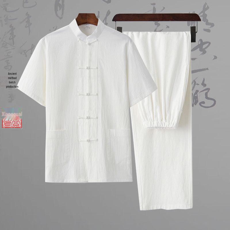 

Мужской костюм Тан из трех предметов: Хлопковый и льняной ханьфу для медитации и чаепития, традиционный китайский стиль для весны, лета и осени. L (for 115-130 jin)