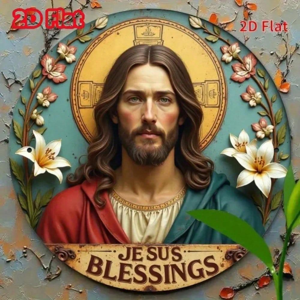 Vintage Tin Sign Jesus Blessings Metal Wall Art Religious Home Decor