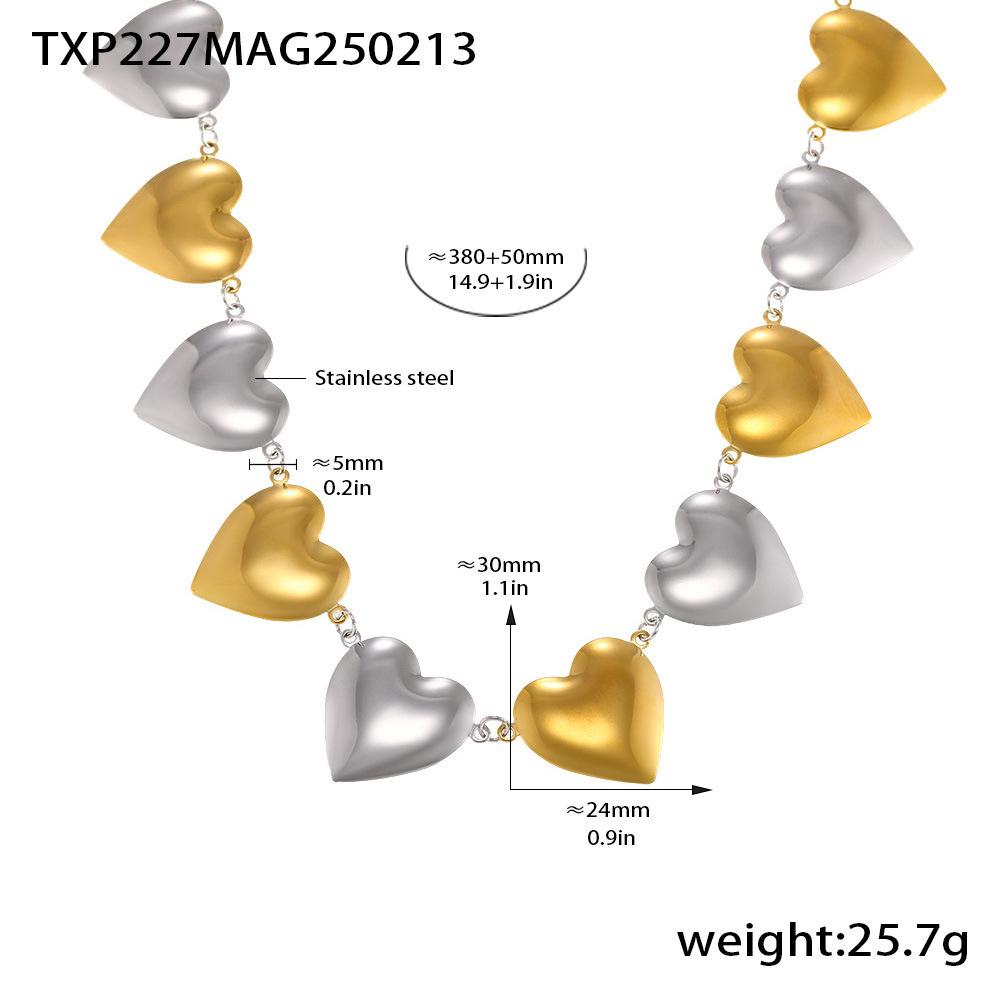 European & American Peach Heart Chain: Simple Style Niche Design Heart Bracelet & Necklace Set, 18k Gold-Plated Stainless Steel.