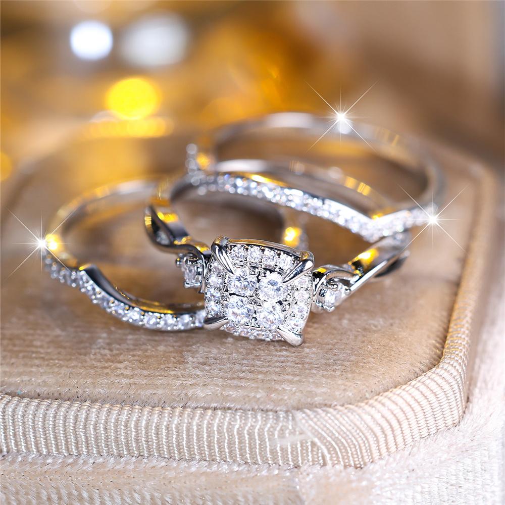 Crystal Female White Zircon Squarel Ring Set Fashion Vintage Silver Color Bridal Wedding Engagement For Women