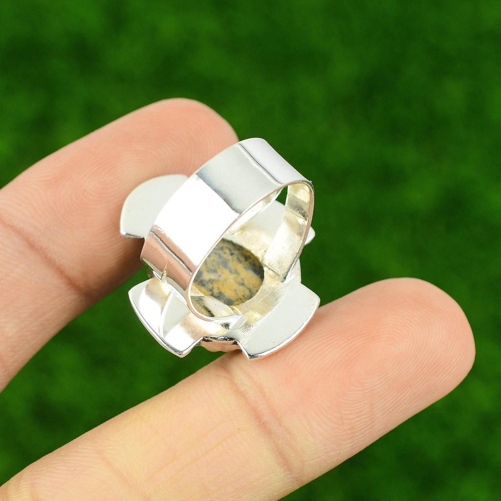 Oval Dendritic Rhyolite Gemstone Wedding Statement Bezel Elegant Ring 925 Silver