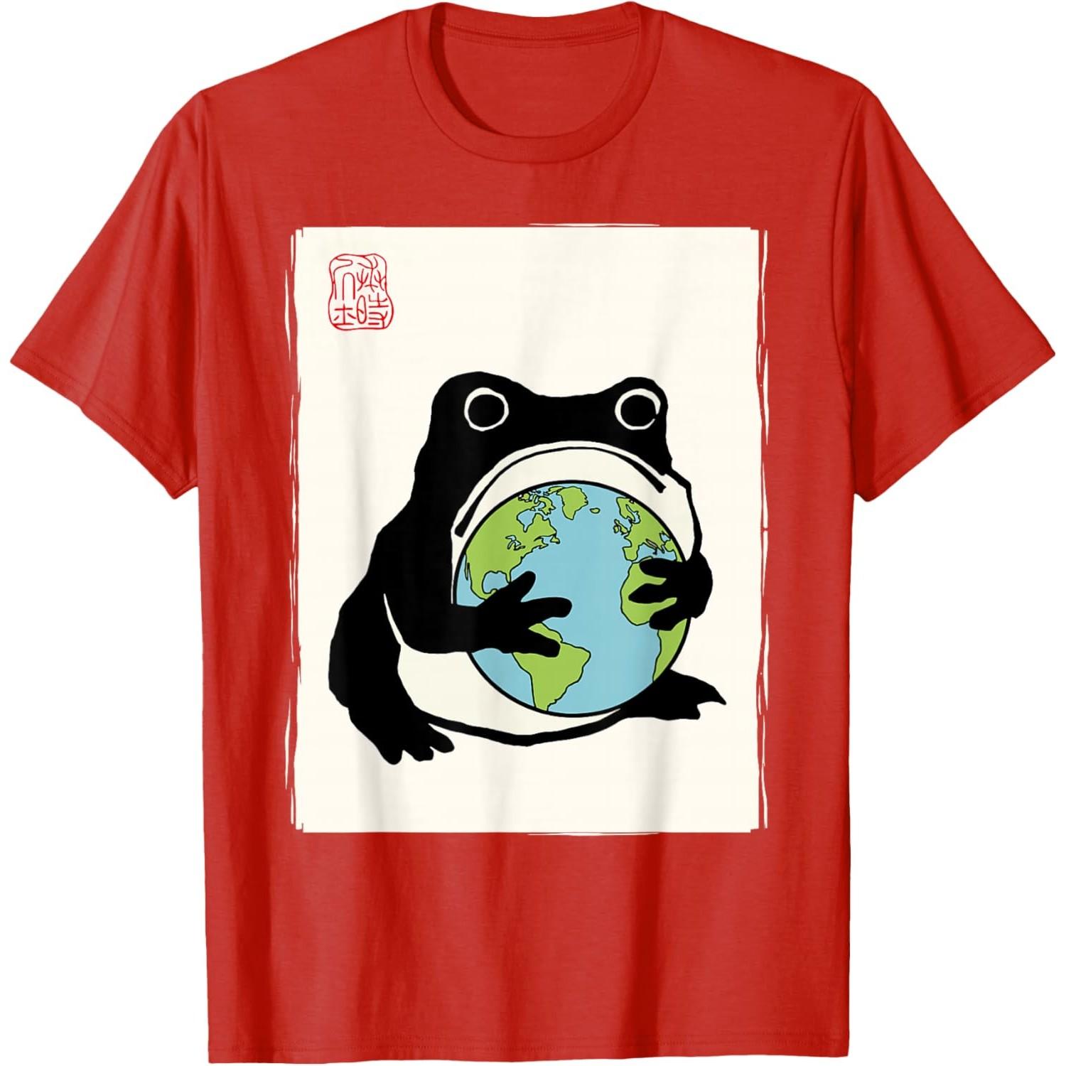 Frog Holding Earth Japanese Style Graphic T-Shirt Casual Cotton Print Tee for Unisex S