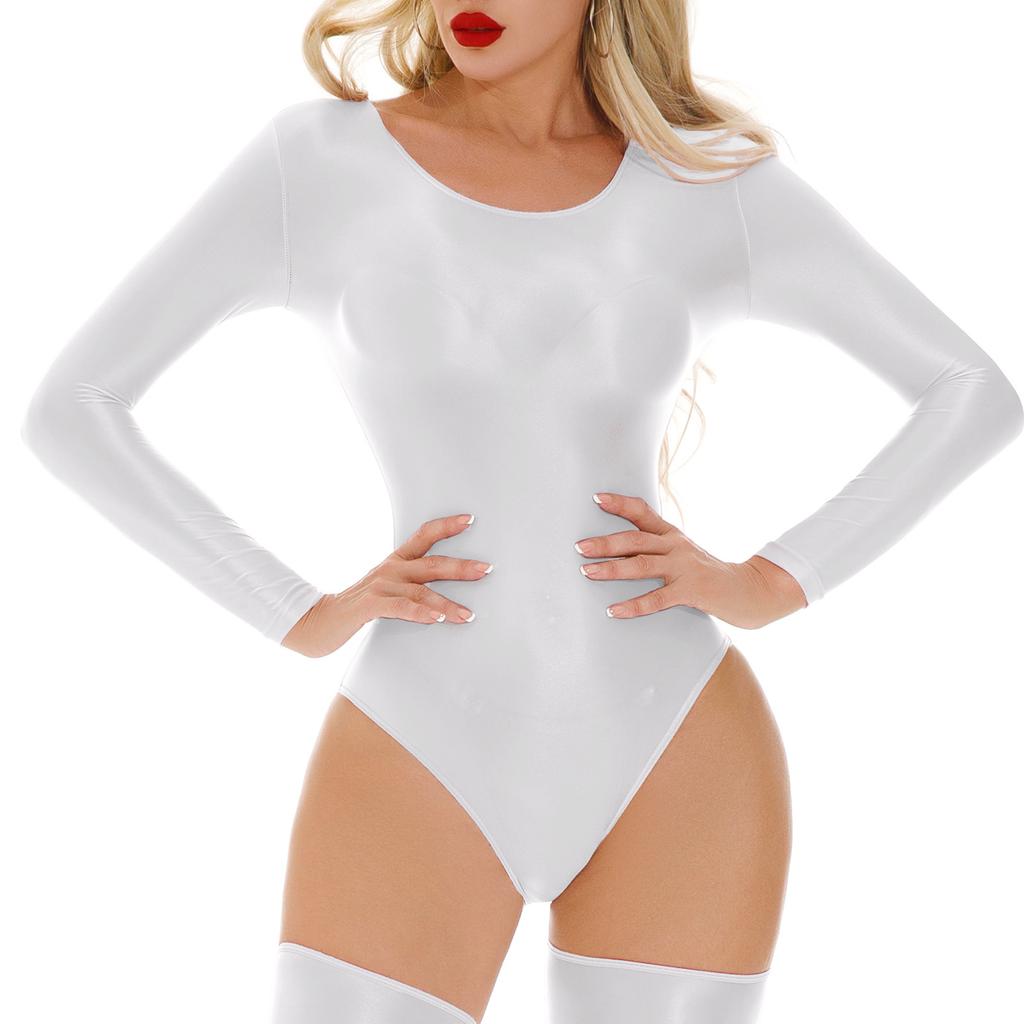 Leotardo Bodysuit Lencería Ropa de Dormir Ropa para Gimnasio de Mujer Cuello Redondo Manga Larga Brillante Elástico