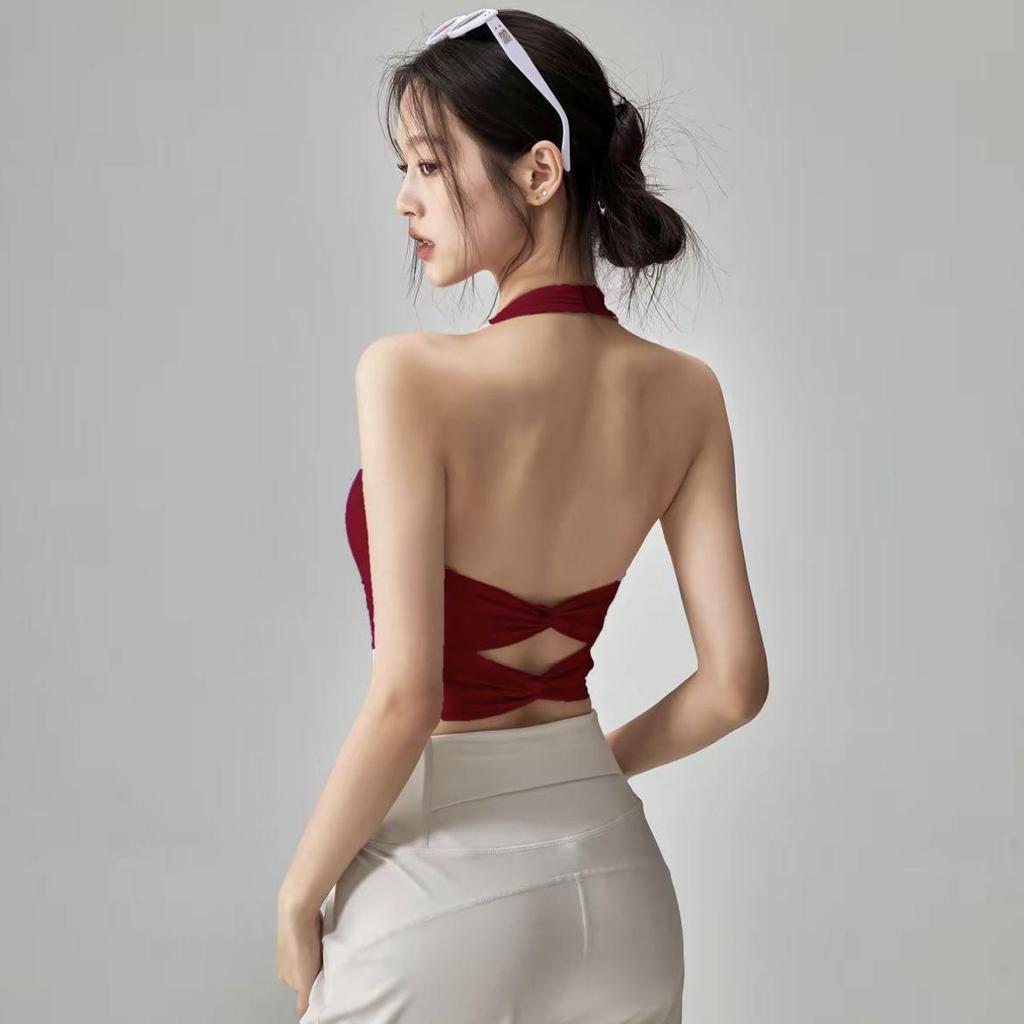 Women's Halter Neck Yoga Tank Top with Chest Pads & Cross Straps - Sexy Fitness Camisole Crop for Pilates