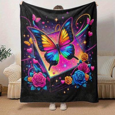 1pc Butterfly Printing Lightweight Flannel Blanket, Comfortable and Warm Blanket, for Camping Sofa Bed and Couch Office, In All Seasons