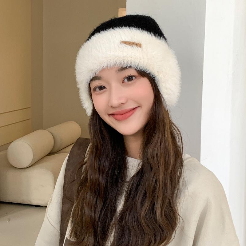 Hat Women's Big Head Circumference Knitted Wool Hat Winter Warm Thickened Plush Hat Versatile Contrasting Color Ear Protector Cold Hat