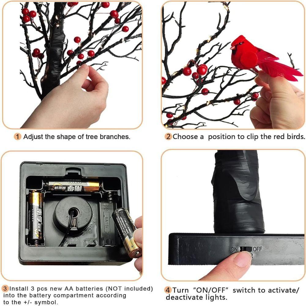 Red Berry Decoration LED Birch Tree Light Bird Twinkle Tree Lamp Christmas Decoration