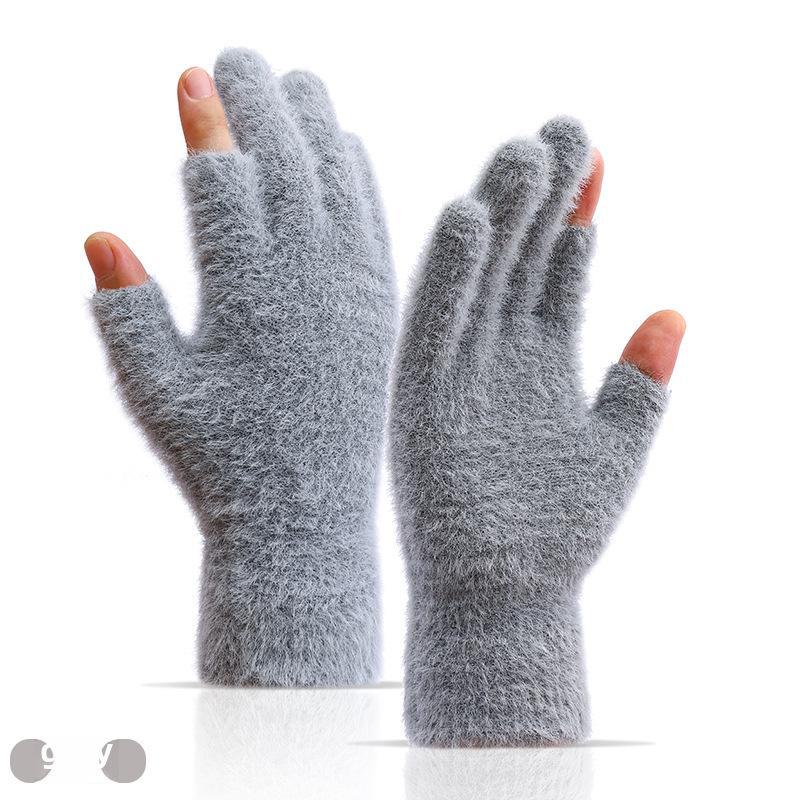 Korean Style Velvet-Lined Warm Two-Finger Writing Gloves for Students